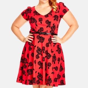 City Chic Red Dress with Black Roses